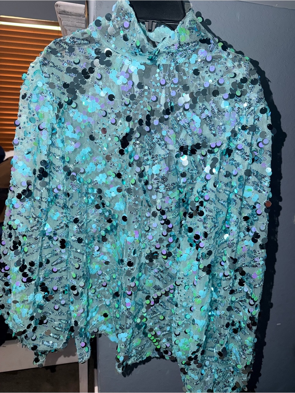 AKIRA Aqua Iridescent Sequin Long Sleeve Top